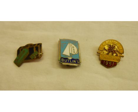 Three vintage Butlins badges - Pwllheli 1951, Skegness 1951 and Brighton 1953