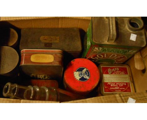 A box of tins including Esso Lube oil bottle, Bisto, Golden Syrup, etc.