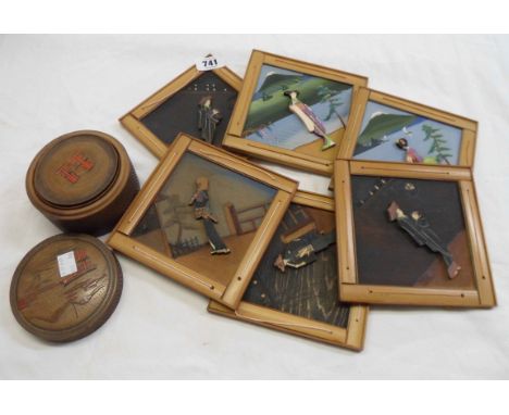 A set of six vintage Japanese bamboo painted and cut out wall hangings - sold with a set of bamboo coasters