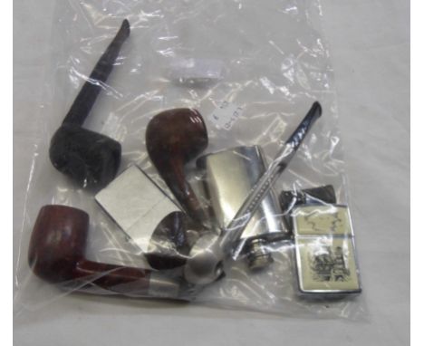 Four vintage briar, sandblast and other pipes - sold with a small flask and two vintage lighters