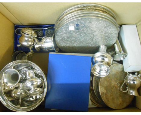 A quantity of modern silver plated items, including ice bucket, coasters, a boxed photograph frame and a Ronson table lighter