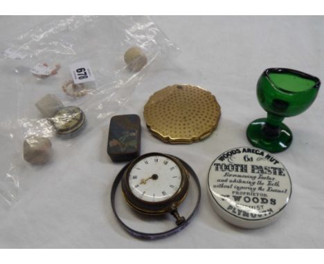A bag of collectable items miniature razor, compact, glass eye bath, etc.