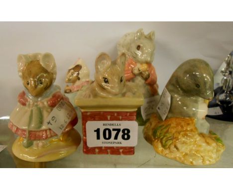 Five loose Royal Albert Beatrix Potter figures including Diggory Diggory Delvet, Tom Thumb, The Old Woman who Lived in a Shoe