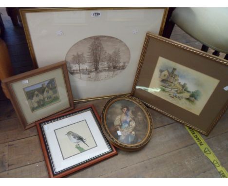 Five framed decorative pictures, including Christopher Hughes watercolour view of Chipping Campden, portrait print embroidere