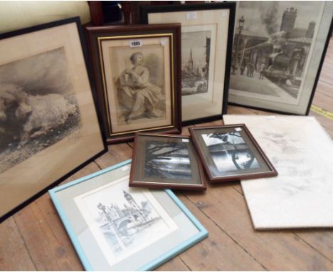 A selection of decorative pictures, including Old Master reprint, tank engine at Ulverston and two London scene prints, etc.