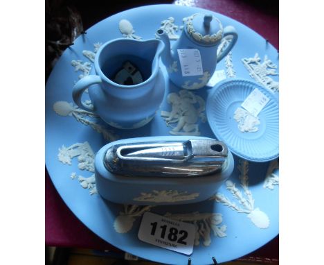 A small quantity of late 20th Century Wedgwood blue Jasper including plate, jug, lighter, etc.