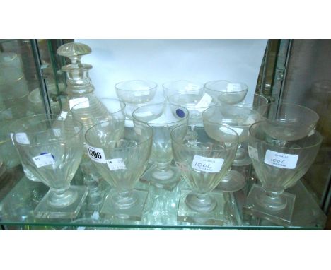 A quantity of assorted glassware including a set of six 19th Century square-footed rummers, and a ships style decanter, etc.