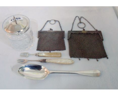 A silver mesh purse with suspender chain, a plated similar, a silver topped preserve jar, two silver pickle forks and a white