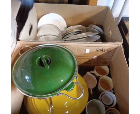 Two boxes containing assorted ceramic items including Carltonware footed jug, assorted teaware, etc.