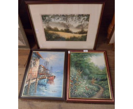 G. Bria: a framed modern oil on canvas, depicting fishing vessels in a continental harbour - sold with Marten: an oil on canv