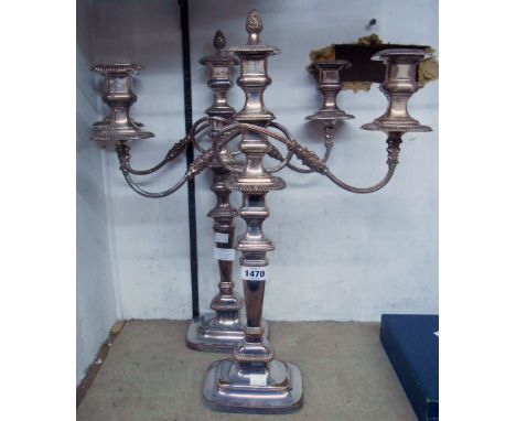 A pair of 49cm high silver plated copper Georgian style twin branch, three light candelabra with detachable nozzles and top s