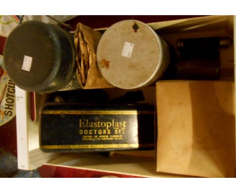 A box of Second World War items including British Army Thermos flask, Boiled Sweets ration tin, pocket torch, Elastoplast doc