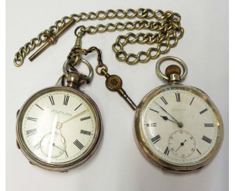 A George Simpson silver cased pocket watch with lever movement, on plated chain - sold with a Perfecta white metal cased simi