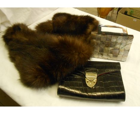 Two vintage handbags and a fur stole