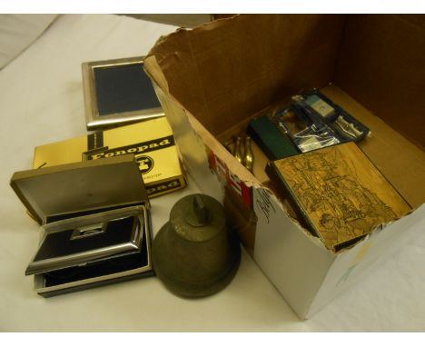 Various collectables, including boxed Stratton Fonapad, silver photograph frame, novelty nutcracker, bell, syringe, etc.