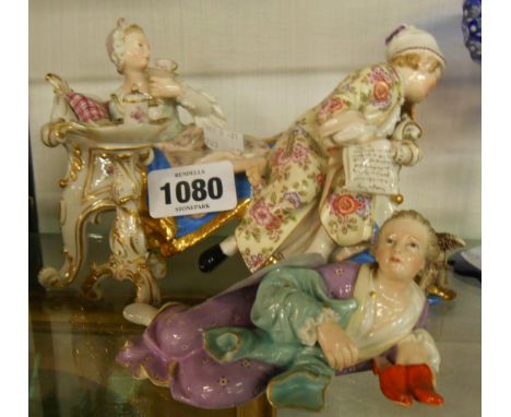 A Meissen figure group The Lover Discovered, depicting a wife in bed with a pastry and a hot chocolate, Cupid behind her, her