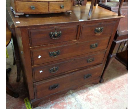 A 1.07m late Victorian stained mixed wood chest of two short and three long graduated drawers with mismatched backplate handl