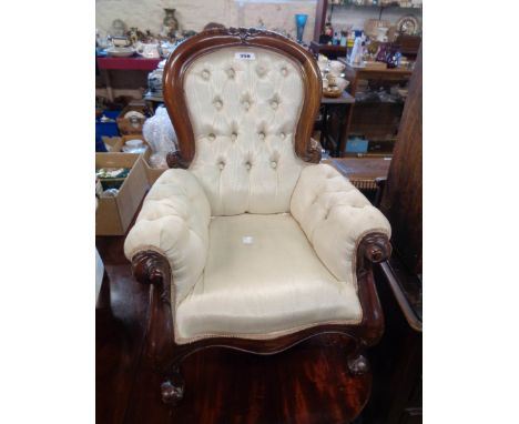 A reproduction Victorian style miniature part show frame spoon back drawing room armchair with button back upholstery