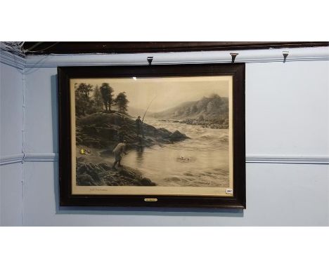 A print after Joseph Farquharson, 'Salmon fishing on the Dee'