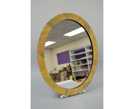 AN ART DECO OVAL COLOURED SHAGREEN EASEL MIRROR, with bone inlay and scroll feet, approximately 44cm x 56.4cm high