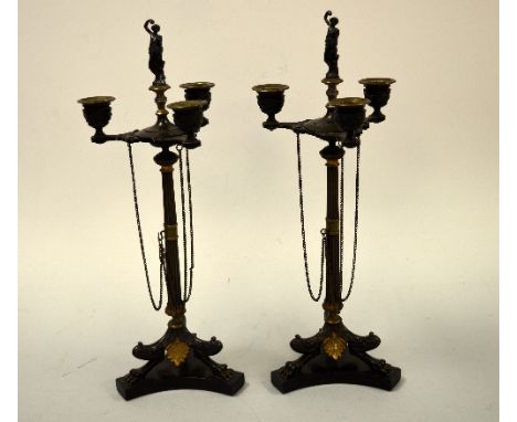 A PAIR OF REGENCY STYLE GILT AND BRONZED CANDLESTICKS, the tapering reeded column support raised on three claw feet with trip