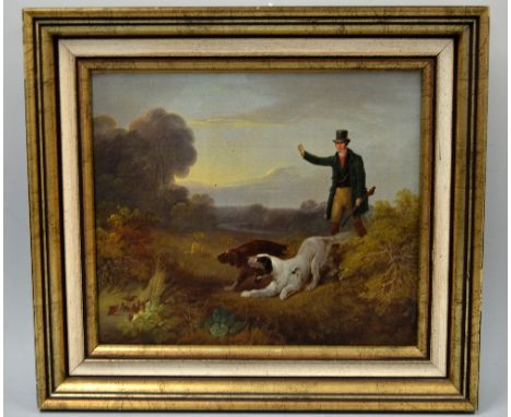 A HUNTING SCENE ON BOARD, Regency gentleman with two working dogs hunting partridges, unsigned, approximately 30cm x 34cm, so