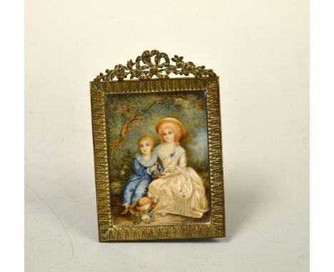 A HAND PAINTED MINIATURE, depicting young boy and girl with birds nest in woodland, signed M S Kerry approximately 10.5cm x 8