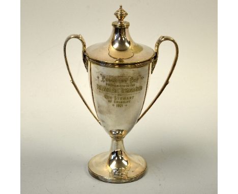 A SILVER PLATED TWO HANDLED URN SHAPED CUP AND COVER, with circular foot and urn finial, approximately 26cm high