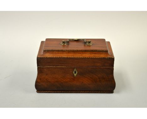 A GEORGIAN MAHOGANY AND BOXWOOD INLAID BOMBE THREE DIVISION TEA CADDY, with stepped brass escutheons and carrying handle, app