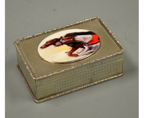 A RECTANGULAR SILVER TABLE SNUFF BOX, the engine turned body with oval enamel plaque decorated with racing dogs, Birmingham 1