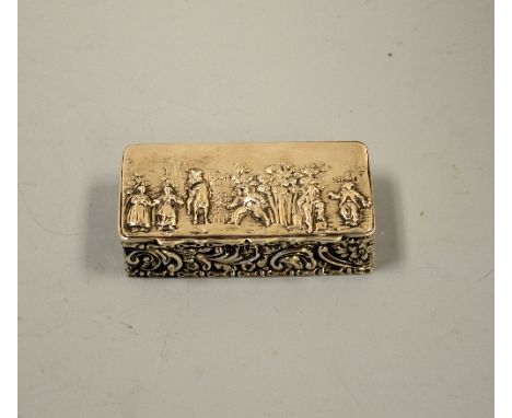 A SILVER SNUFF BOX, of rectangular form with embossed village scene depicting figures before church to hinged lid and scroll 