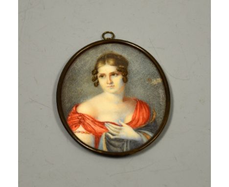 AN OVAL FRAMED PORTRAIT MINIATURE, signed right depicting scantily clad maiden in red, details verso approximately 9cm x 7cm