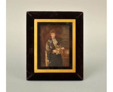 AN EASEL FRAMED PORTRAIT MINIATURE, reputed to be seated Queen Alexandra with dog on knee, approximately 15cm x 10cm