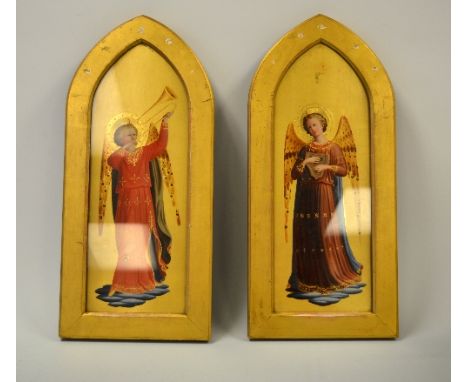 A PAIR OF GODWIN STYLE PAINTED BIBLICAL SAINTS ?, on gilt panels, winged trumpet and harp player with halos, set in gilt goth