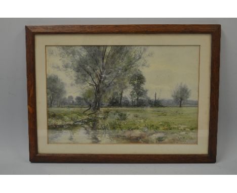 R W. FRASER, framed watercolour, river flowing through meadow, signed and dated bottom right 1900 Suffolk, approximately 24cm