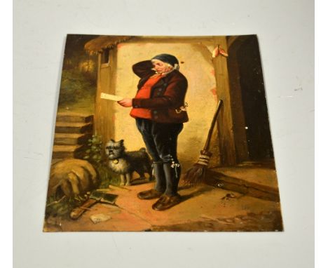 A HAND PAINTED CONTINENTAL SCENE ON METAL, depicting Dutch? Gentleman with dog at feet by axe and broom, approximately 20.5cm