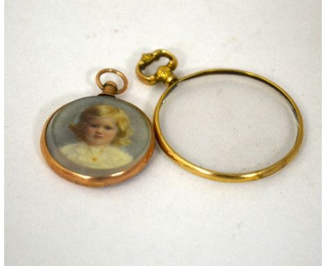 TWO PICTURE LOCKETS, the first a 9ct rose gold locket with each side with a painting of a child, together with a vacant pictu