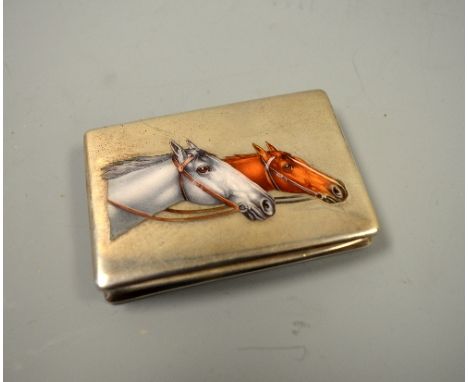 A RECTANGULAR SILVER SNUFF BOX, with enamelled grey and chestnut reined horses heads to hinged lid, stamped 800 and engraved 