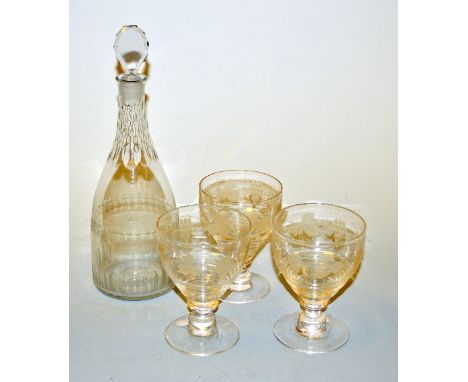 A GEORGIAN STYLE CUT AND ETCHED GLASS TAPERING DECANTER AND STOPPER, with floral central etched banding, approximately 30cm h