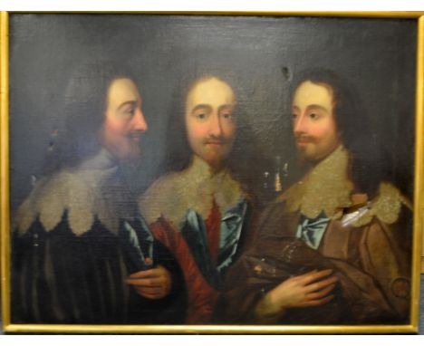 A GILT FRAMED OIL ON CANVAS, after Van Dyck, triple portrait of Charles I, approximately 81.5cm x 106cm (a/f)