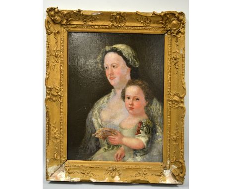A GEORGIAN OIL ON CANVAS, mother and daughter portrait, unsigned, approximately 47cm x 62.5cm, (canvas with losses/repairs an