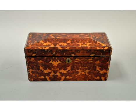 A TORTOISESHELL TWO DIVISION TEA CADDY, of rectangular form with silvered stringing, original lids, missing feet and liners, 