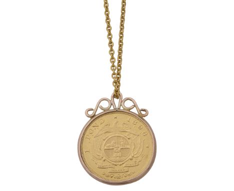 South Africa. 1898 1 Pond mounted as a pendant unmarked rose gold scroll top pendant mount, suspended on a fine gold chain st