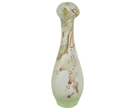 An early Emile Galle enamel decorated vase, c. 1900, of bottle form with bulb shaped top, acid etched and enamelled with 'Ble