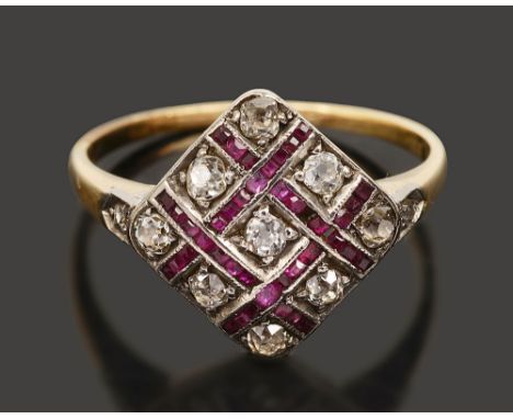 A diamond and ruby-set chequer board ringthe square plaque set with nine old brilliant-cut diamonds separated by four calibré