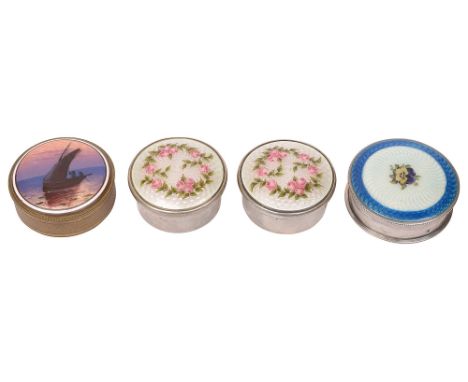 Edwardian and later silver and guilloche enamel decorated pill pots and a French enamel decorated brass potfirst Birmingham, 