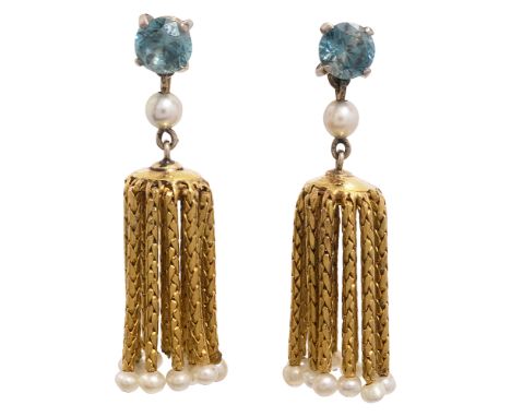 A pair of mid 20th century zircon and cultured pearl tassel ear pendants, screw fittings,length 4.2 cm, combined gross weight