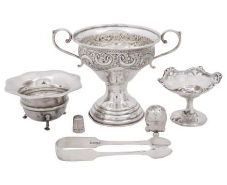 A George V silver twin handled trophy cup and other silverLondon, 1922 by Rosenzweig, Taitelbaum &amp; Co., having ogee shape