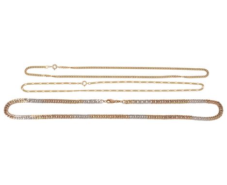 Three chain necklaces:  a 9ct  yellow and white gold flattened curb link  chain necklace, a flattened curb link chain necklac