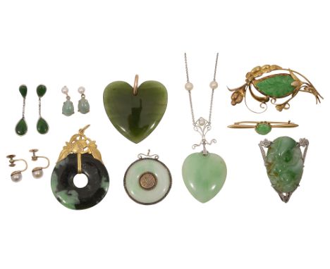 A small collection of assorted jade jewellerycomprising a heart shaped pendant with pierced loop on a 9ct white gold chain a 